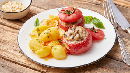 Stuffed tomatoes with potato fritters