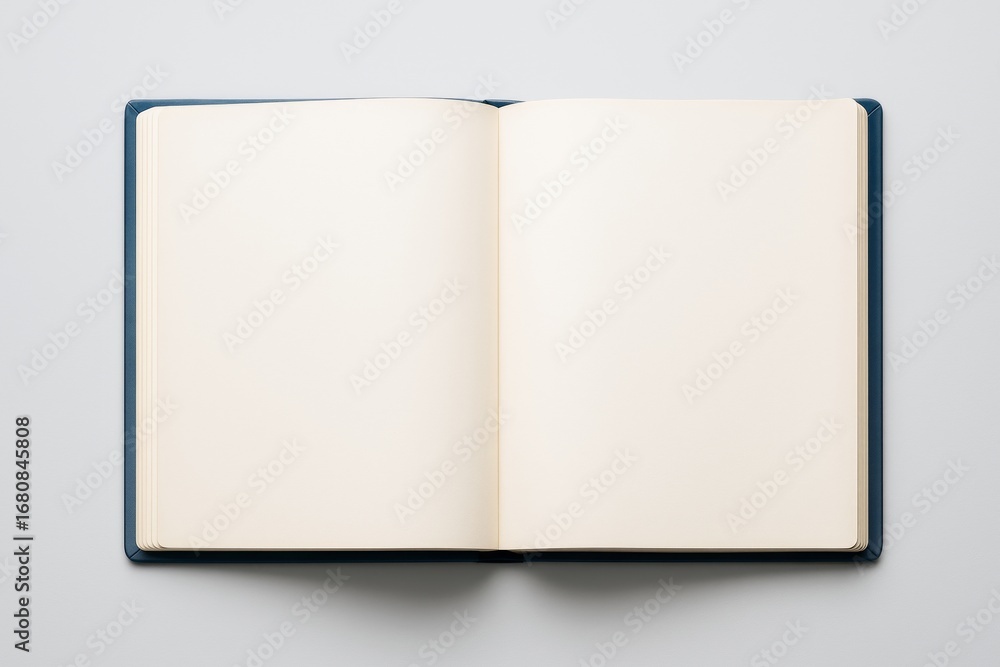 Poster open blank notebook with cream pages centered on light background for copyspace, design mockup, or c