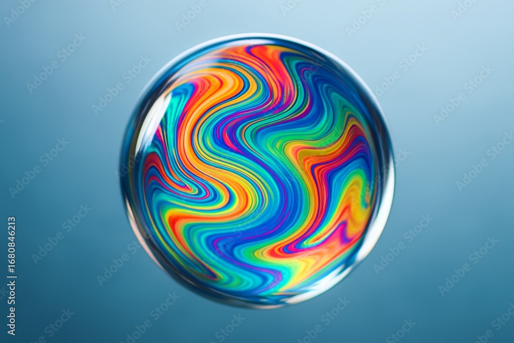 Poster abstract colorful swirl inside a transparent bubble floating over a soft blue background with light 