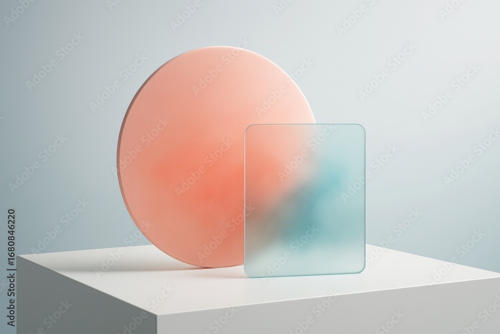 Poster abstract geometric composition with pastel circle and frosted glass rectangle on white pedestal in s