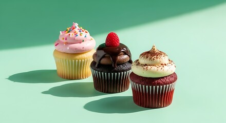 Three Colorful Cupcakes on Mint Green Background.