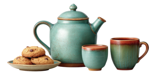 Teapot and Cookie Jar Composition with Cups on Isolated Background