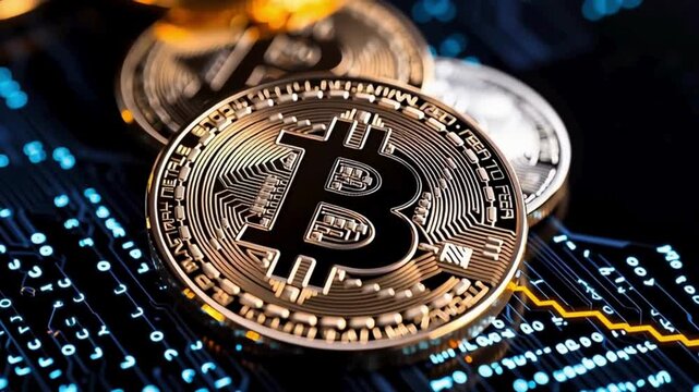 Close-up of Bitcoin with digital background. Bitcoin and the Rise of Digital Currency