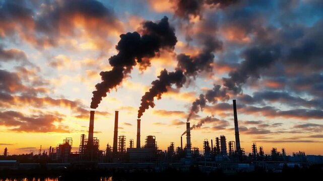 Industrial landscape with smokestacks at sunset. Industrial Pollution and the Climate Crisis
