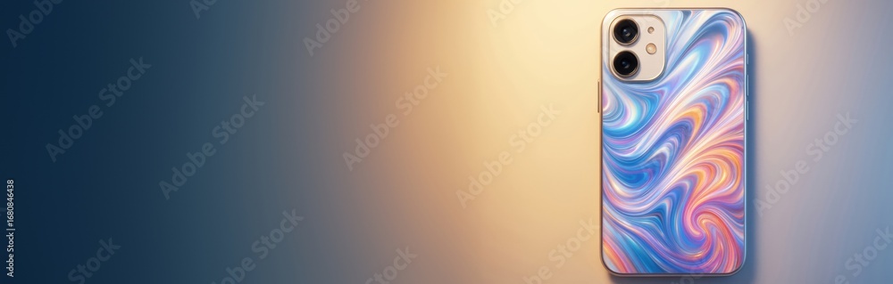 Poster smartphone with colorful abstract case design on soft gradient background as creative mockup templat
