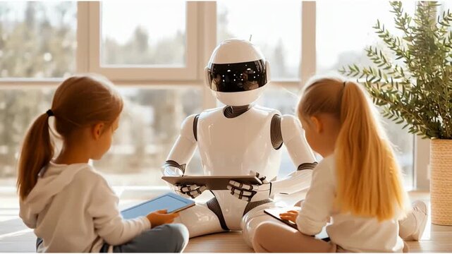 Children interact with a friendly robot. Educational Robot Assisting Children in Learning