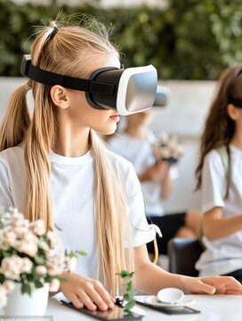 Child experiences virtual reality in classroom. Young Girl Exploring Virtual Reality