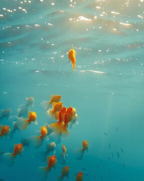 Goldfish swimming gracefully underwater. Audience Influence and Persona Leadership Concept