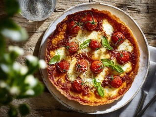Delicious Homemade Pizza with Fresh Tomatoes and Basil on Rustic Wooden Table