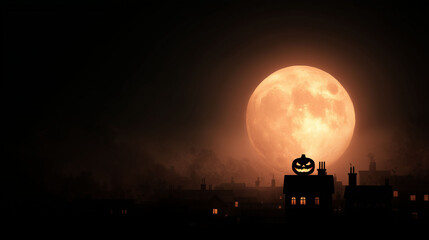 Halloween full moon glowing behind pumpkin silhouette on rooftop dark spooky skyline haunted night atmosphere eerie halloween celebration theme and seasonal festival concept