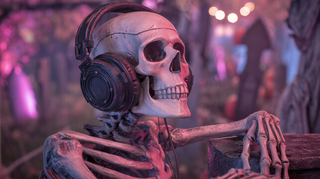 Skeleton with headphones sitting in graveyard halloween party concept spooky glowing lights eerie atmosphere creative design and horror celebration background for seasonal poster
