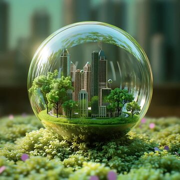 Eco-friendly city within a glass sphere. Sustainable City in a Glass Sphere