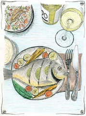  Hand-Drawn Sketch of Grilled Fish Meal with Wine
