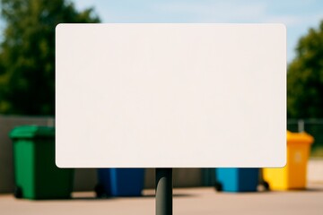 Fototapeta premium Blank white signboard mockup with rounded corners on a pole, standing outdoors near colorful bins on a bright sunny day background. Ai generative