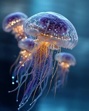 Colorful jellyfish swimming gracefully underwater. Bioluminescent Jellyfish in Deep Ocean