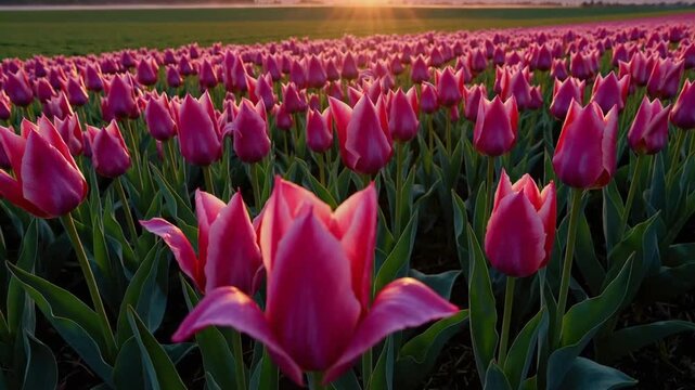 Gorgeous and Soft Sunrise Illuminating the Rows of Pink Tulips in Flower Farm with Distant Mountain