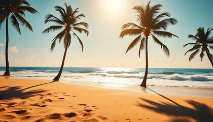 Obraz premium Golden hour tropical beach scene with palm trees and gentle ocean waves
