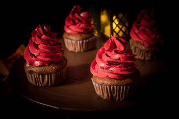 Homemade red cake for Halloween. Festive food concept. Background.