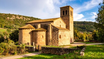 Fototapeta premium An ancient stone church nestled in a valley. Sunny day, autumn colors