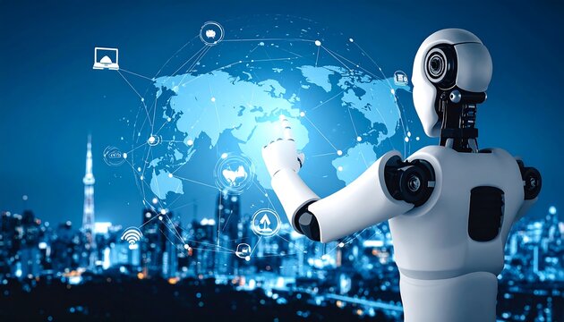 Futuristic Robot Interacting with Global Network Over City Skyline at Night