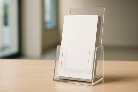 Empty blank flyers in transparent acrylic display stand on wooden desk with soft-focus interior background, minimal business concept scene. Ai generative