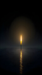 Single Candle Flame Reflecting On Water In Dark Night