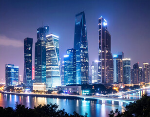 Obraz premium Modern city skyline at night with illuminated skyscrapers reflecting in water