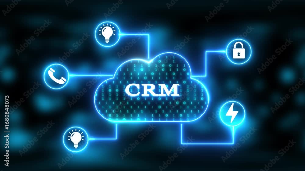 Poster cloud computing crm network with icons for security, communication, and growth customer relationship