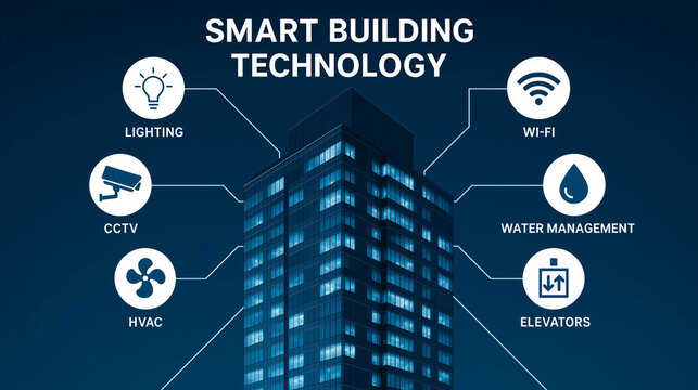 Smart building technology infographic showing lighting wifi cctv water management hvac elevators digital innovation energy efficiency and automation concept