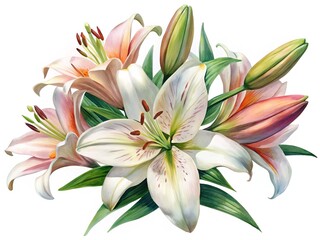 Obraz premium Elegant Watercolor Illustration of White and Pink Lilies with Green Leaves