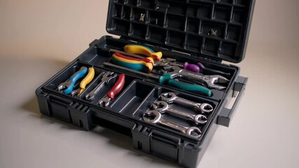 intricately detailed and neatly arranged container for hardware instruments captured in controlled studio environment, showcasing various implements like drivers, gripping tools, and adjustable spann