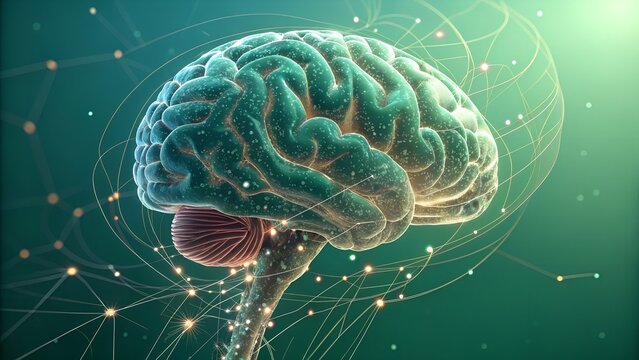 Anatomical brain model with neural network connections against a green gradient background image art - Powered by Adobe
