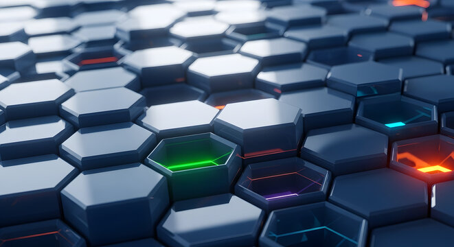 Dynamic abstract hexagonal pattern with glowing neon lights, perfect for futuristic tech and data visualization concepts. - Powered by Adobe
