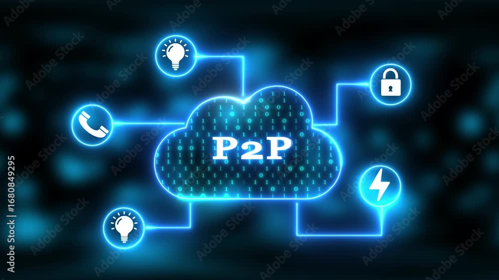 Aufkleber cloud computing network with p2 p and icons for security and growth technology data