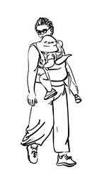 Line art vector of a woman carrying a baby in a front carrier. Hand-drawn black lines on white, no shading, modern motherhood and parenting theme, casual walking figure