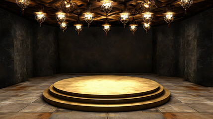 Obraz premium Empty Gold Podium Stage With Chandelier Lighting In Dark Room