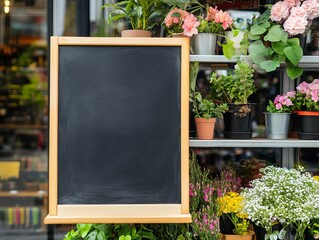 Blank chalkboard sign stands outside a flower shop, surrounded by potted plants and colorful flowers during the daytime