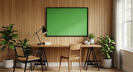 Modern Home Office with Green Screen, Wooden Desk, and Stylish Chairs.
