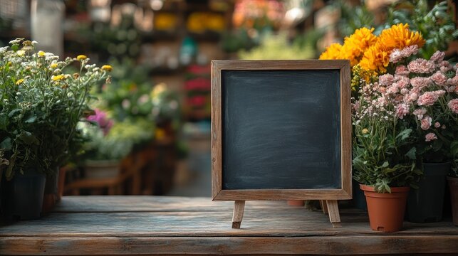 Chalkboard easel display with blooming chrysanthemum plants in a garden center