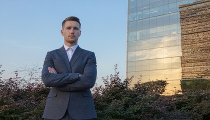 businessman in front of a building