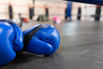 Blue boxing gloves resting on textured black ring mat, with red, white and blue ropes
