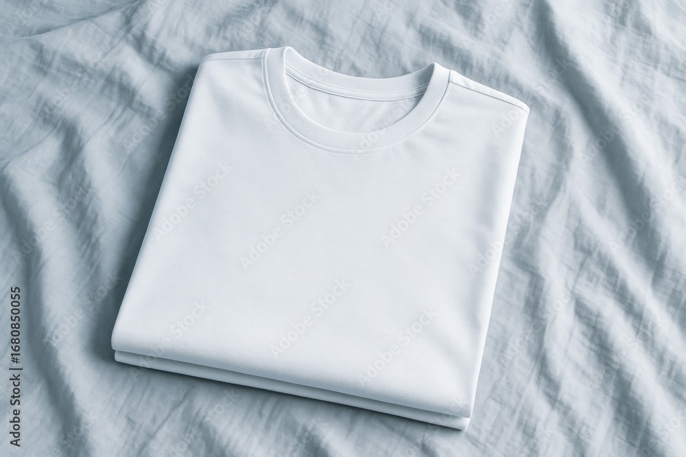 Poster folded blank white t-shirt lying on soft fabric background for clothing branding presentation or min