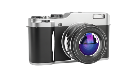 Digital Camera with Silver and Black Body and Lens isolated on a transparent background
