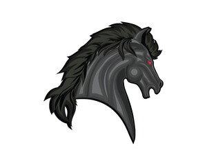 Vector illustration art design of a horse's head facing to the right side with a black appearance and glowing red eyes