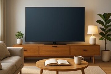 Modern living room with blank TV screen mockup on wooden cabinet, cozy decor elements and soft lighting for presentation or branding display. Ai generative