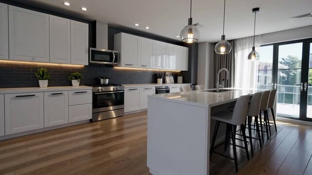 contemporary kitchen and living area flooded with bright natural illumination and featuring modern design elements