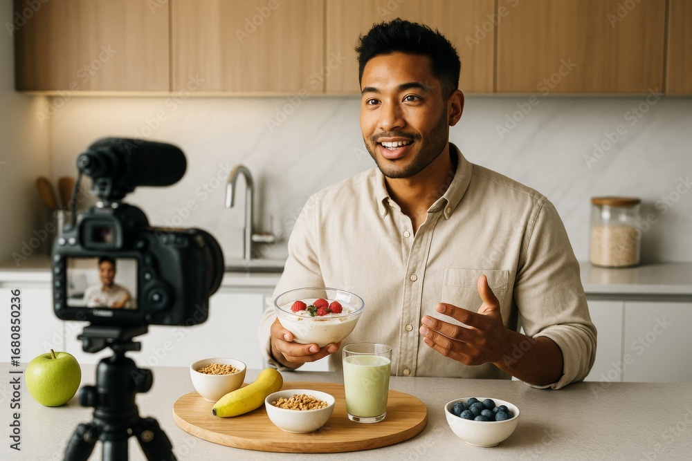 Poster man recording healthy breakfast video with smoothie and fruits in modern kitchen, smiling and talkin