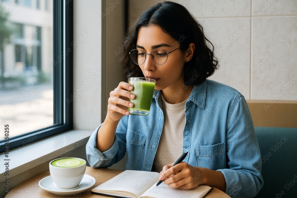 Poster woman drinking matcha latte and writing in notebook at cozy cafe table with daylight coming through 