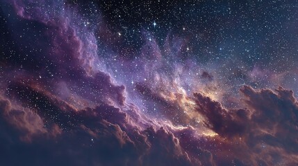 Magical Purple-Pink Night Sky with Glowing Stars and Fluffy Clouds