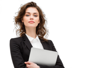 Businesswoman Holding Laptop with Transparent Background for Professional Use